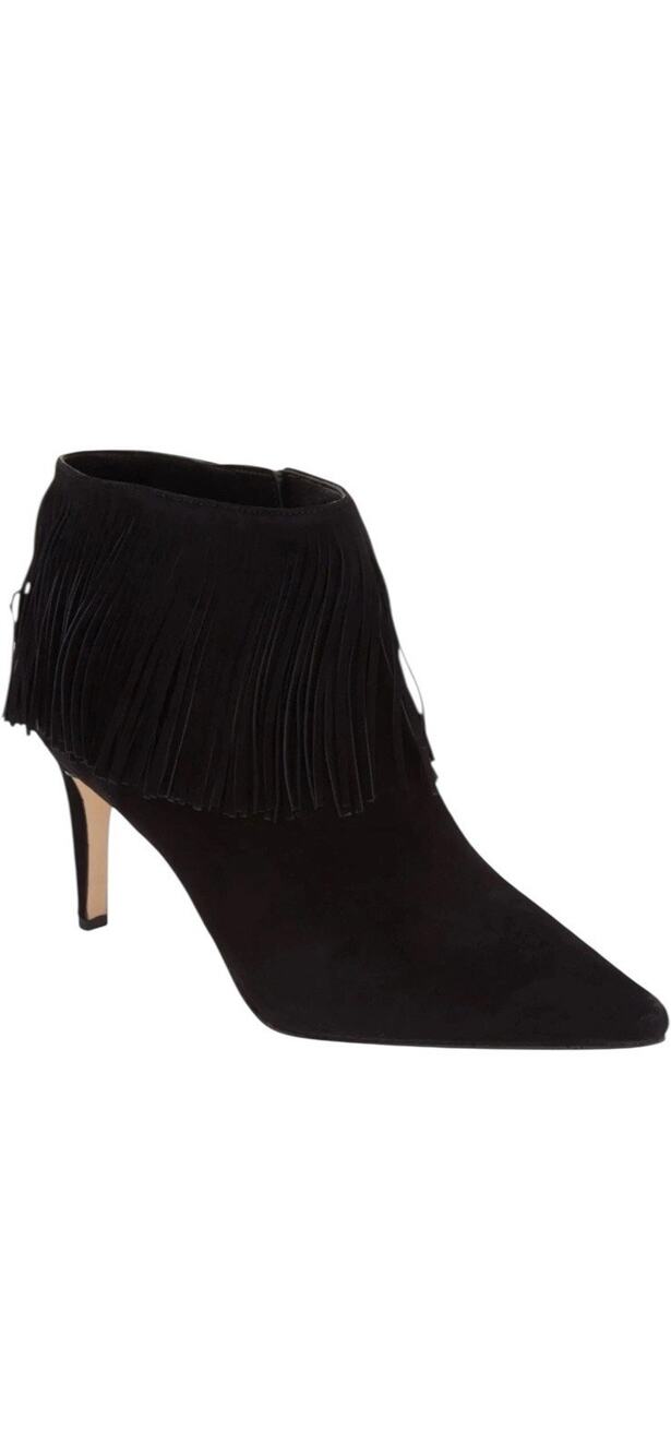 Sam Edelman Kandice Black Fringed Suede Pointy Toe Boots Y2K 8